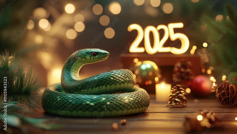 Fototapeta premium Green snake with golden numbers 2025 on the background of New Year decorations, bokeh lights. 2025 - Year of the Green Wooden Snake according to the Chinese calendar