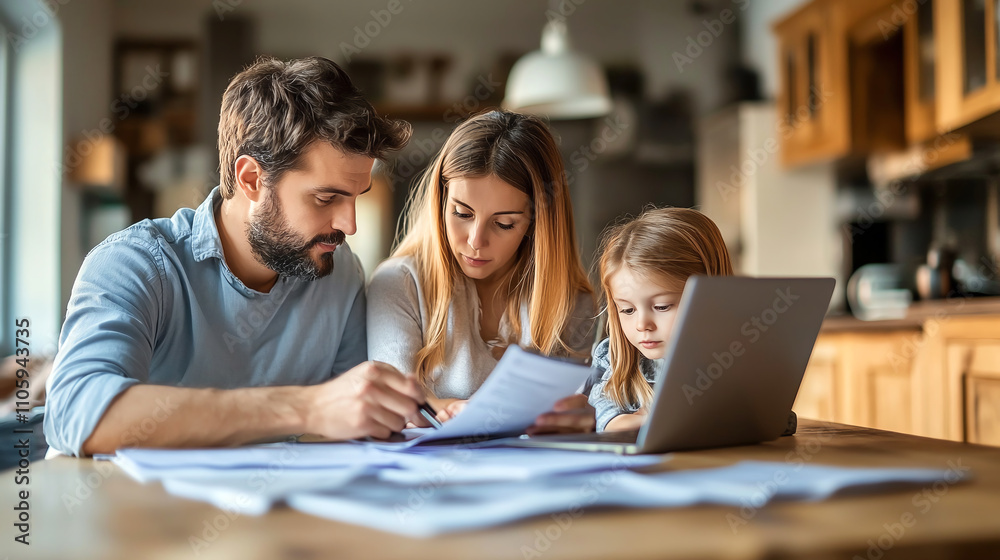 Family discussing insurance options at home with documents and laptop Family discussing insurance options at home with documents and laptop