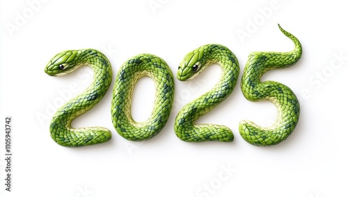 2025, green snake-shaped numbers, white background. 2025 - Year of the Green Wooden Snake according to the Chinese calendar photo