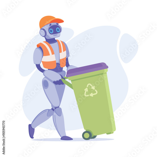 Robot Janitorial Worker Push Dustbin as Smart Android Assistant Machine Vector Illustration