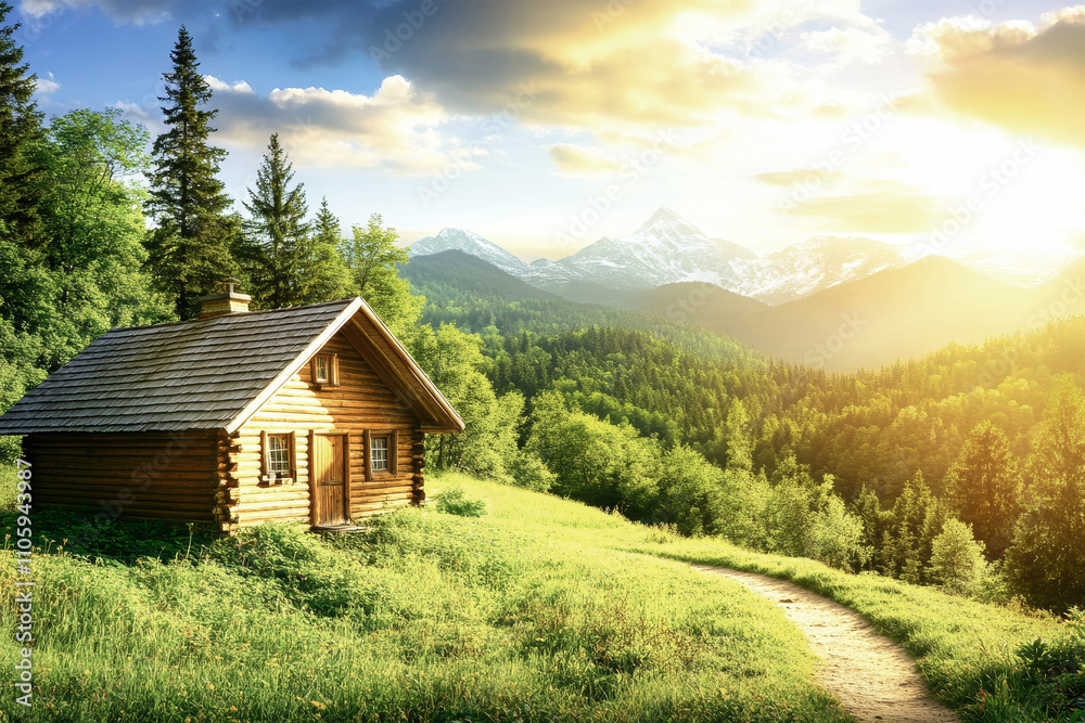 Experience tranquility in a mountain cabin surrounded by lush greenery at sunrise, with snow-capped peaks rising in the distance Experience tranquility in a mountain cabin surrounded by lush greenery at sunrise, with snow-capped peaks rising in the distance