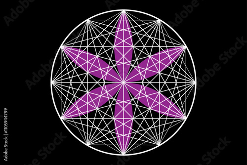Seal of sacred geometry, Flower of life, purple lotus flower. mandala ornament Seed of Life icon, esoteric or spiritual symbol. Logo line art design isolated on black background, vector illustration