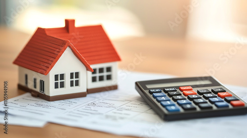 model house sits beside calculator on property tax assessment forms, symbolizing financial planning and real estate management
