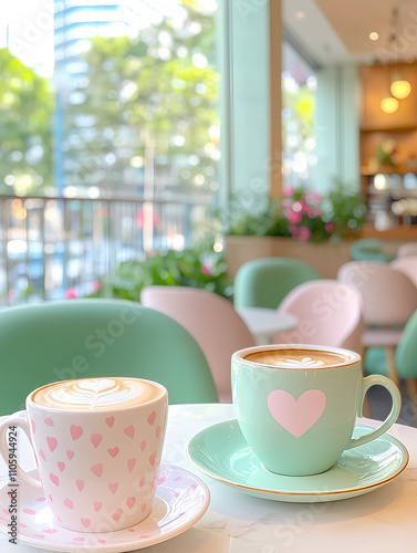 Wallpaper Mural Two cups of coffee with heart designs on them sit on a white plate on a table Torontodigital.ca