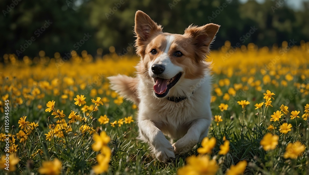 Dog joyfully running through a field of yellow flowers. Dog joyfully running through a field of yellow flowers.