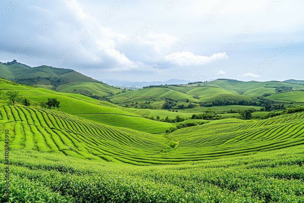 Fototapeta premium Landscape view of rice terraces in Asia, highlighting bio-ecological beauty and agricultural harmony.. Beautiful simple AI generated image