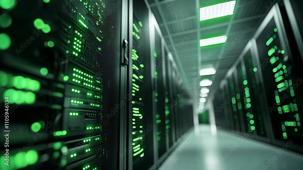 Concept of programming and technology, dark environment. Data center corridor with illuminated servers and green lighting. Concept of programming and technology, dark environment. Data center corridor with illuminated servers and green lighting.