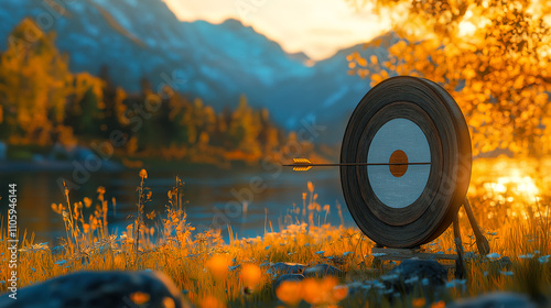A serene archery target set against a backdrop of mountains and autumn foliage. The warm colors of the sunset create a peaceful atmosphere by the waters edge.