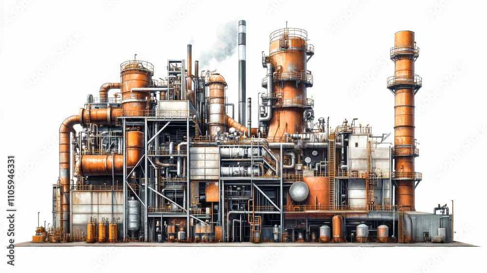 Detailed depiction of an oil and gas production plant showcasing intricate machinery and piping against a minimalist white background Detailed depiction of an oil and gas production plant showcasing intricate machinery and piping against a minimalist white background