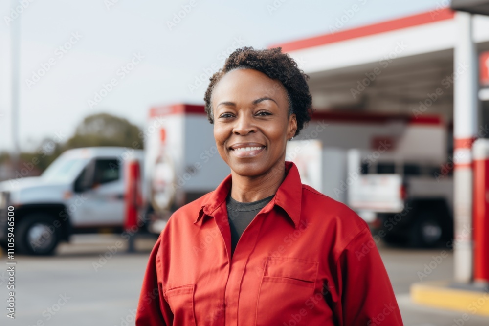 Fototapeta premium Portrait of a middle aged African American female worker at gas station