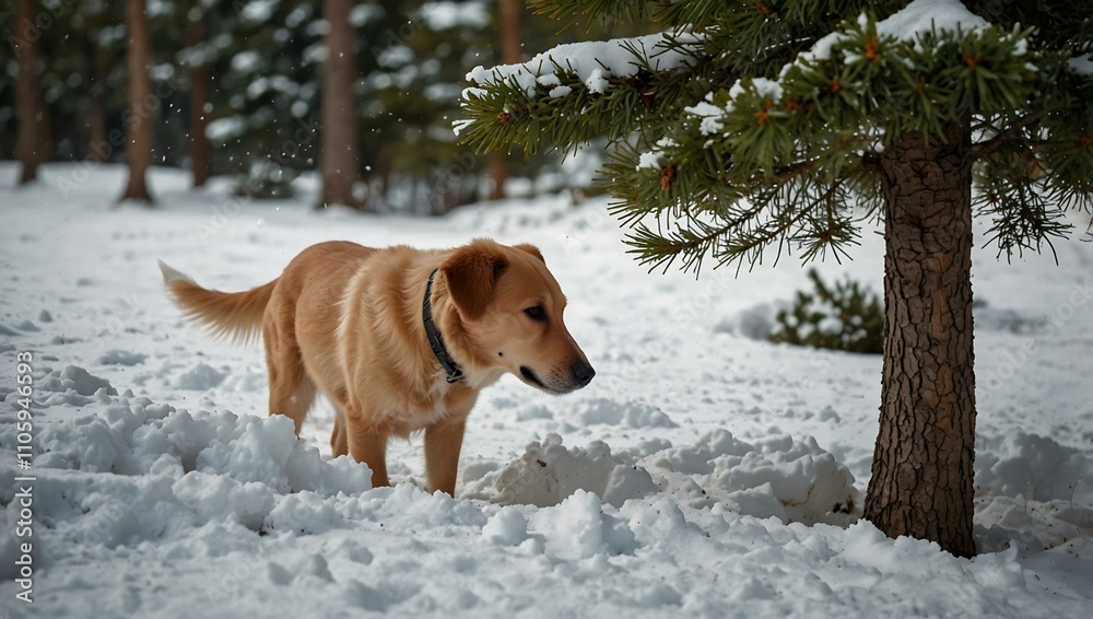 Dog sniffing snow beneath a fir tree during winter. Dog sniffing snow beneath a fir tree during winter.