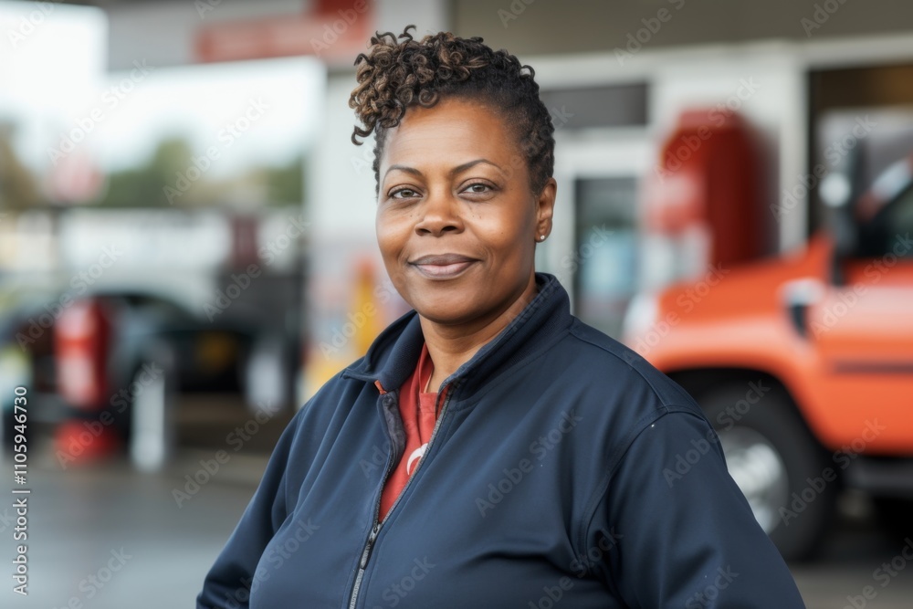 Fototapeta premium Portrait of a middle aged African American female worker at gas station
