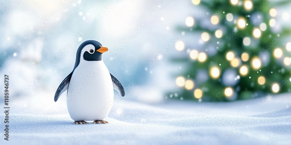 Obraz premium A penguin is standing on a snowy field next to a Christmas tree. The scene is peaceful and serene, with the penguin being the only living creature in the image