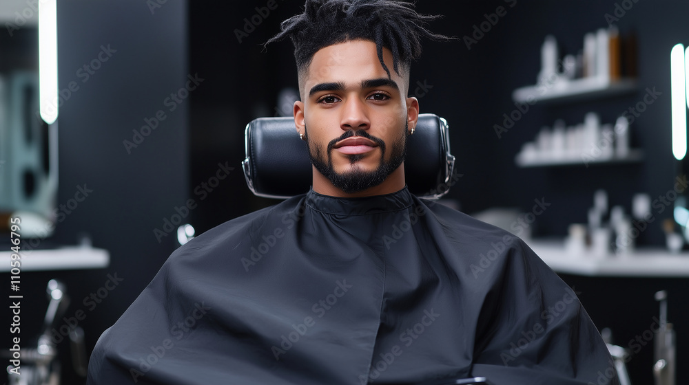 A portrait of a man sitting upright in a modern barber chair, his stylish hair highlighted under warm, focused lighting in a clean and trendy barber shop A portrait of a man sitting upright in a modern barber chair, his stylish hair highlighted under warm, focused lighting in a clean and trendy barber shop