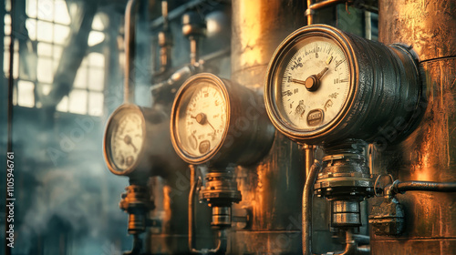 Close-up of vintage steam pipeline with large temperature gauges highlighting the intricate details in warm cinematic tones photo