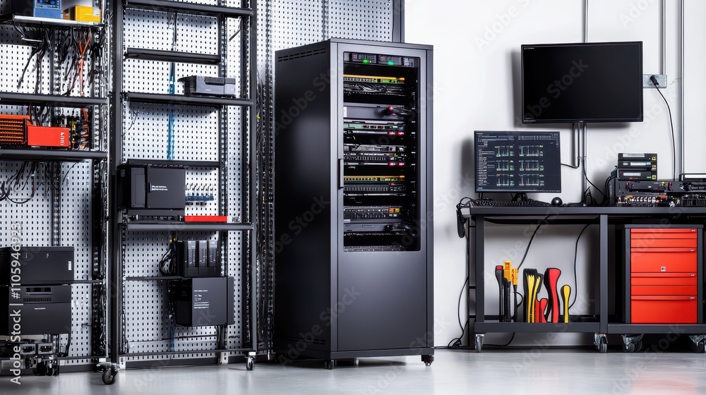 Modern Server Room with Network Equipment and Storage Solutions Modern Server Room with Network Equipment and Storage Solutions