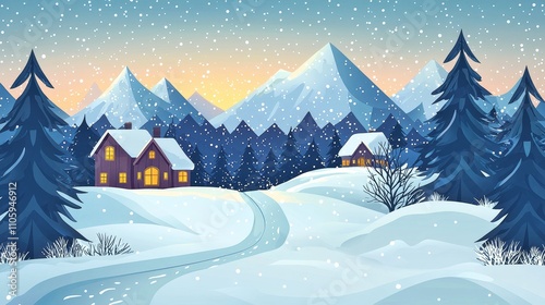 Cozy Winter Landscape with Snow Covered Mountains and Cabins Under Starry Night Sky