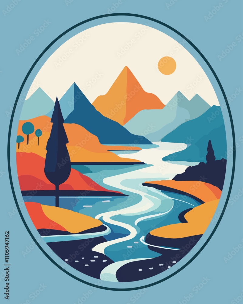 Mountains and river in the landscape.Vector illustration of a color banner of a landscape with a river, fields and mountains. Mountains and river in the landscape.Vector illustration of a color banner of a landscape with a river, fields and mountains.