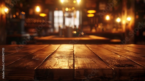 Empty wooden table with christmas theme in background, Warm Glow: A Cozy Evening at a Wooden Table