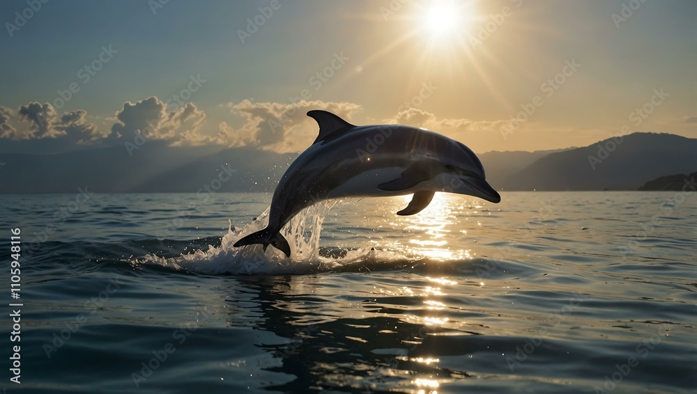 Fototapeta premium Dolphin leaping from water with sunlight reflection.