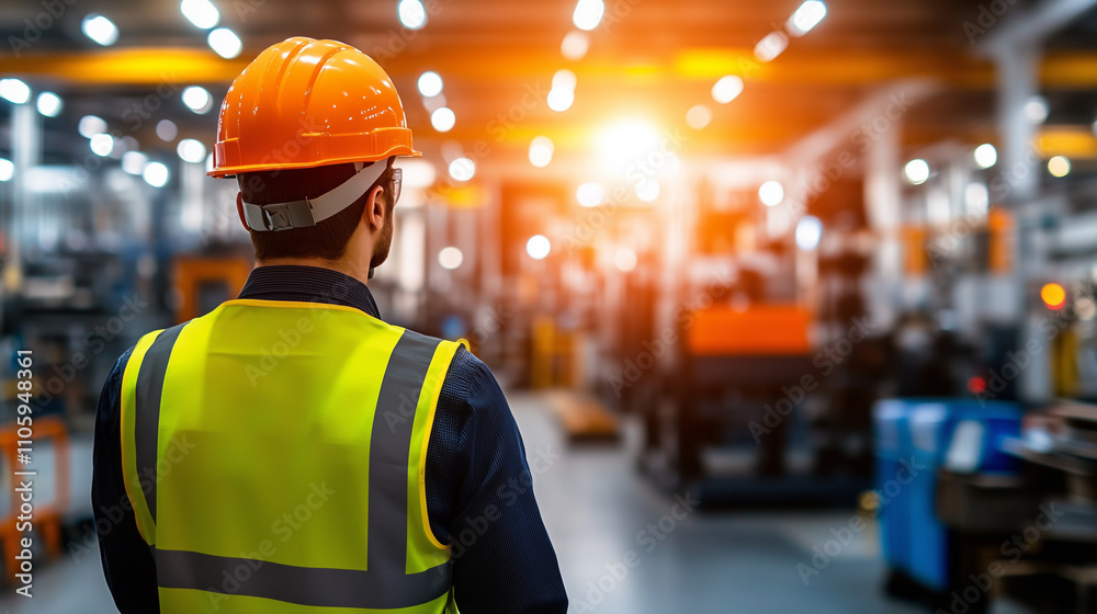 A back view of an engineer in a factory, wearing a safety helmet and reflective vest, observing large industrial machines under bright overhead lighting A back view of an engineer in a factory, wearing a safety helmet and reflective vest, observing large industrial machines under bright overhead lighting