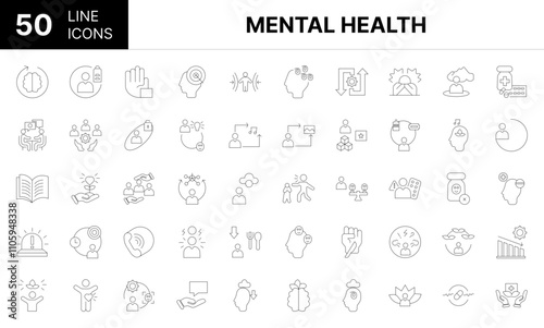 Collection of 50 Mental health line icons featuring editable strokes. These outline icons depict various modes of Mental health, medication, rumination, burnout, resilience,