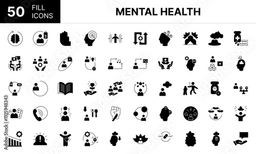 Collection of 50 Mental health fill icons featuring editable strokes. These outline icons depict various modes of Mental health, medication, rumination, burnout, resilience,