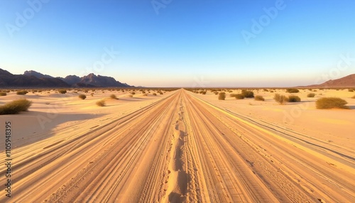 Endless sandy road in a vast desert landscape.