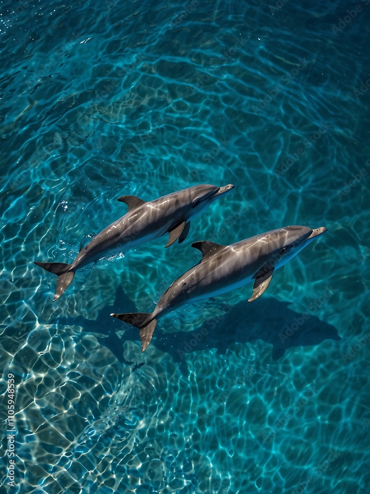 Fototapeta premium Dolphins swimming through tropical blue waters from above.