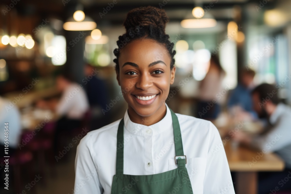 Smiling portrait of a young female waitress in cafe Smiling portrait of a young female waitress in cafe