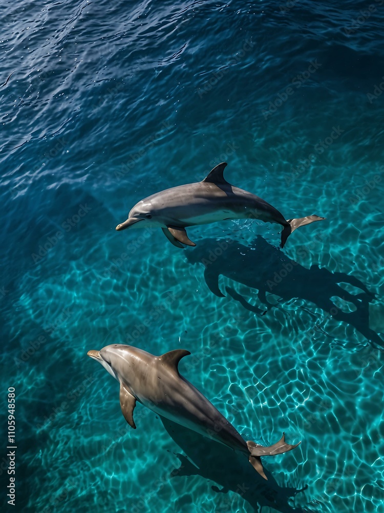 Fototapeta premium Dolphins swimming through tropical blue waters from above.