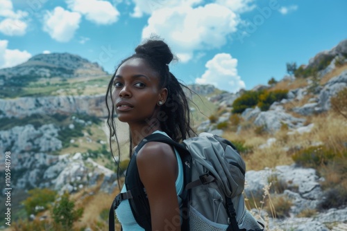 Portrait of a young black woman hiking in beautiful scenery