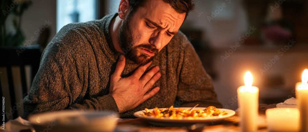 A man sits at a dimly lit table, looking distressed while holding his chest, with a plate of food and candles nearby, suggesting a moment of discomfort or sorrow. A man sits at a dimly lit table, looking distressed while holding his chest, with a plate of food and candles nearby, suggesting a moment of discomfort or sorrow.