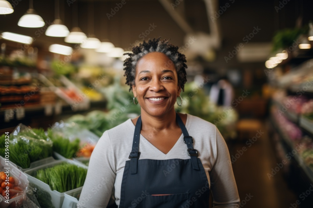 Portrait of a middle aged African American female worker in grocery store Portrait of a middle aged African American female worker in grocery store