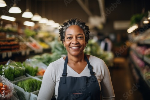 Portrait of a middle aged African American female worker in grocery store