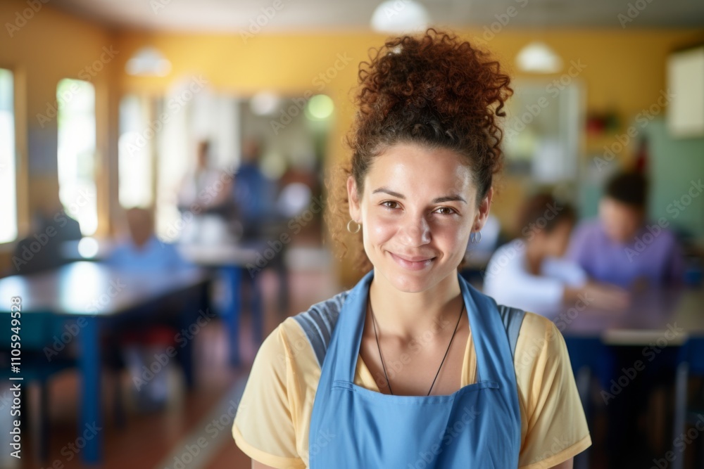 Portrait of a female volunteer working in sunny community center Portrait of a female volunteer working in sunny community center