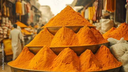 Explore the lively atmosphere of a spice market, showcasing vibrant mounds of turmeric. Experience the colors and aromas that bring culinary creations to life. photo