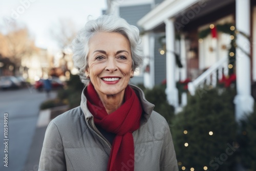 Portrait of a elderly Caucasian woman smiling in front of nursing home during Christmas