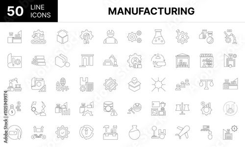 Collection of 50 manufacturing line icons featuring editable strokes. These outline icons depict various modes of manufacturing, Automobile, chemical, consumer, design,