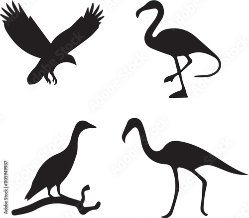 set of silhouettes of birds