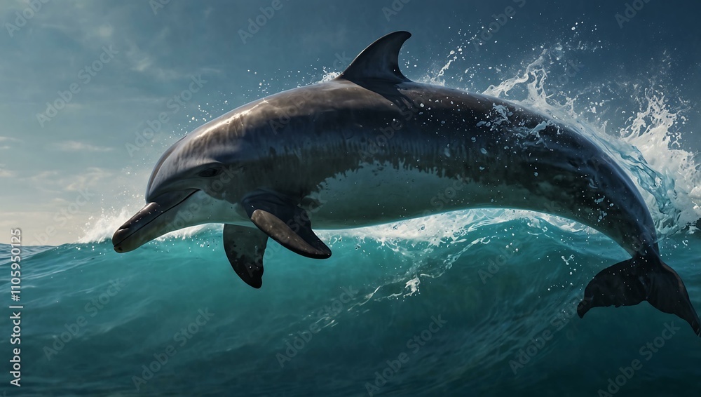 Naklejka premium Double exposure of an Indian dolphin with ocean waves.