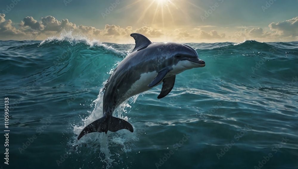 Fototapeta premium Double exposure of an Indian dolphin with ocean waves.