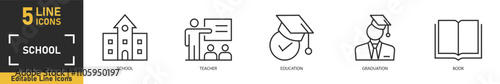 School line icon set. Set of 5 outline icons related to school, teacher, education, graduation, book and more. Vector illustration.