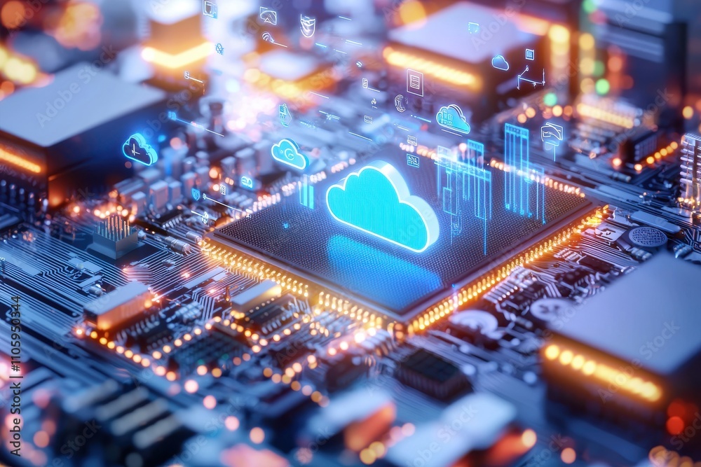 Fototapeta premium Futuristic Circuit Board with Cloud Technology and Data Icons