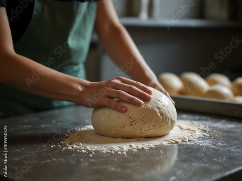 Dough being kneaded in a bakery kitchen, hands at work. photo