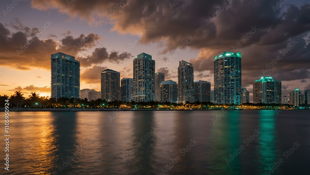 Downtown Miami buildings at sunset from Bayfront Park. Downtown Miami buildings at sunset from Bayfront Park.