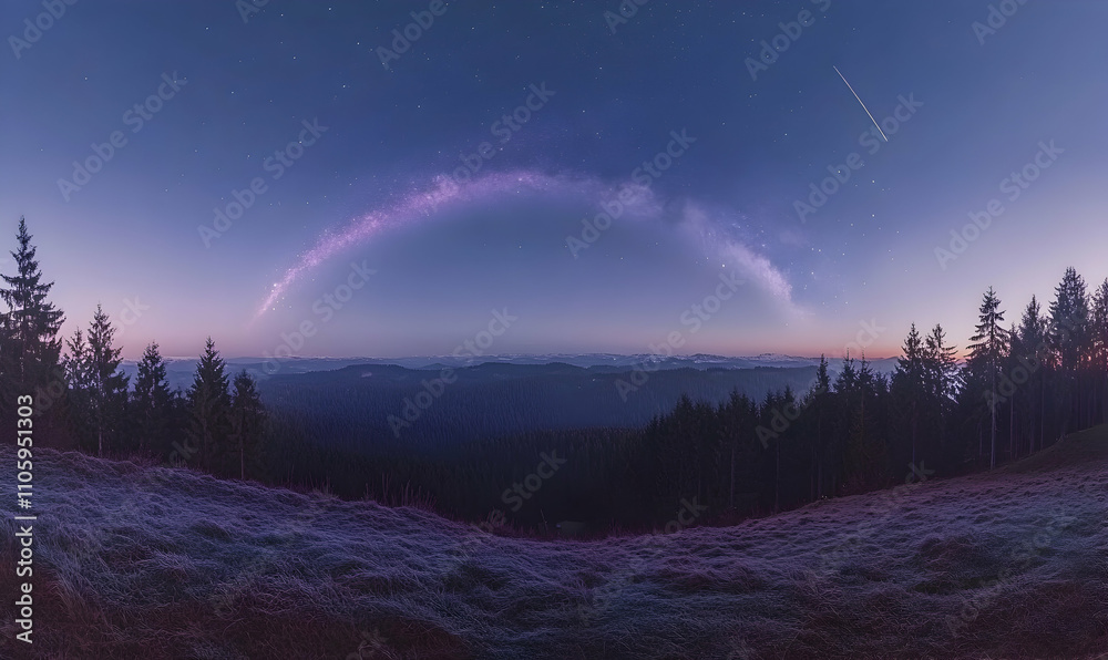 Serene night landscape showcasing a breathtaking Milky Way arch over a frosted meadow and distant mountain range, under a starlit sky. Serene night landscape showcasing a breathtaking Milky Way arch over a frosted meadow and distant mountain range, under a starlit sky.