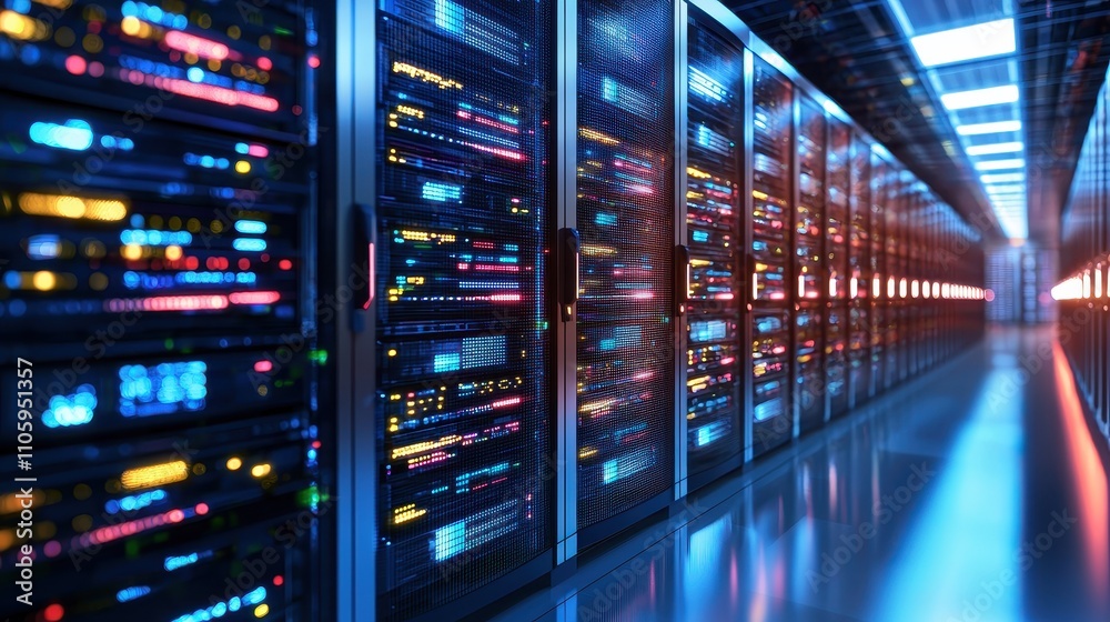 High-Tech Server Room with Colorful LED Lights and Network Equipment High-Tech Server Room with Colorful LED Lights and Network Equipment