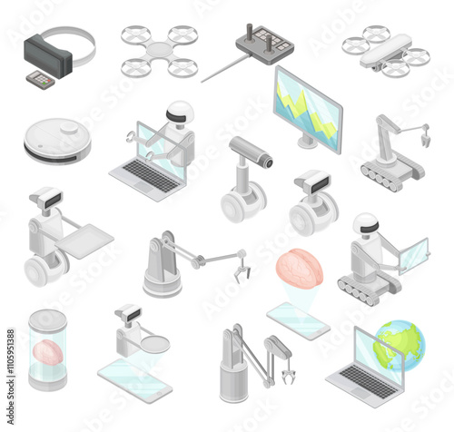 Robot and Smart Device Technology Isometric Vector Set