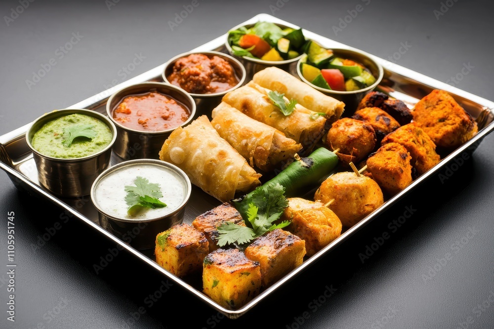 Delicious Indian Platter with Variety of Snacks and Dips Delicious Indian Platter with Variety of Snacks and Dips